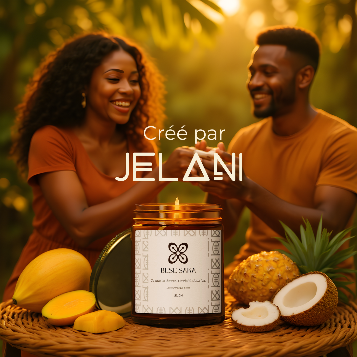 Bougie Mangue Coco artisanale | Bougie symbole Bese Saka |  Abondance & Prospérité | Cire écologique | Cadeau bien-être femme |  Décoration Cosy