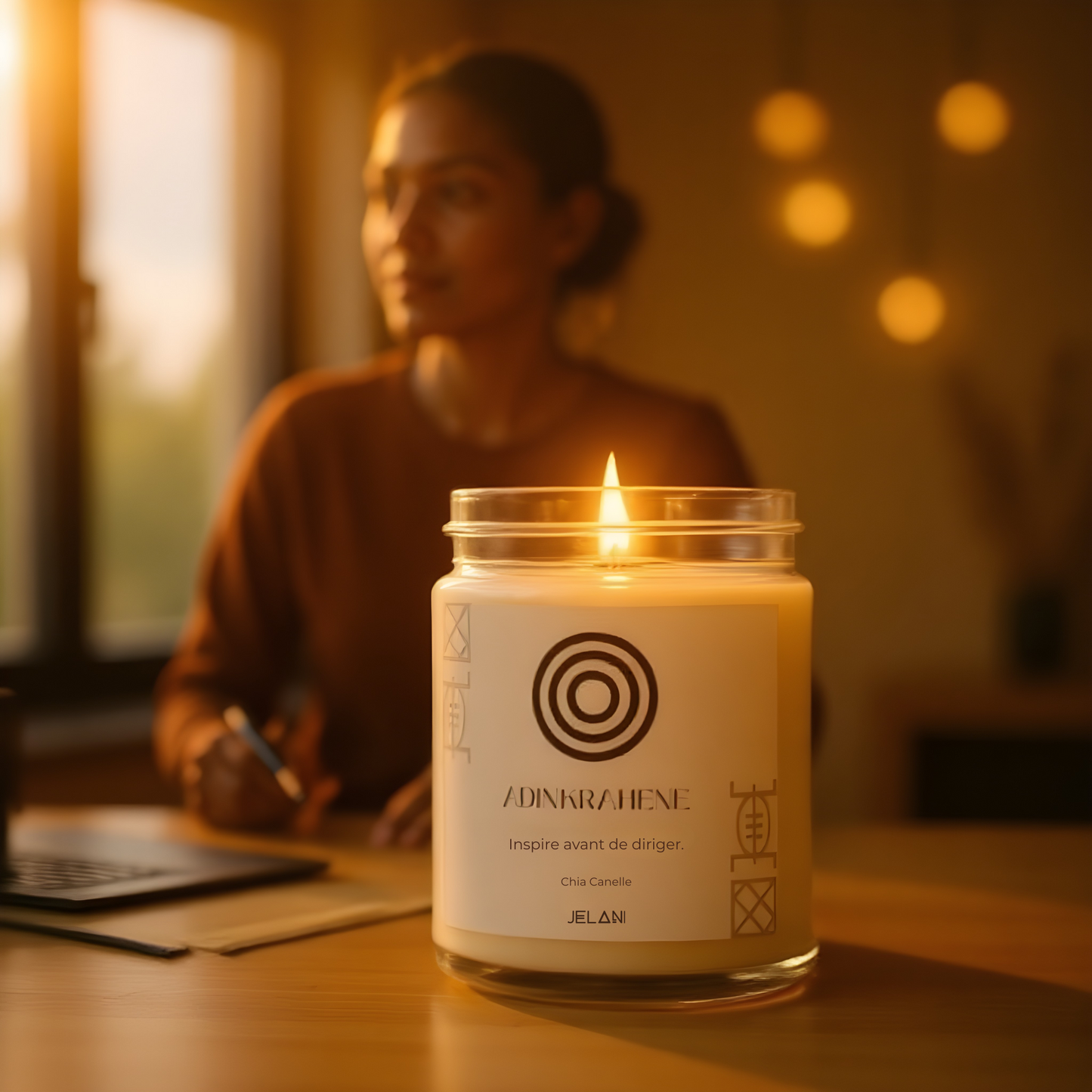 Bougie parfumée Chia Cannelle | Symbole Adinkra Adinkrahene | Leadership & Charisme