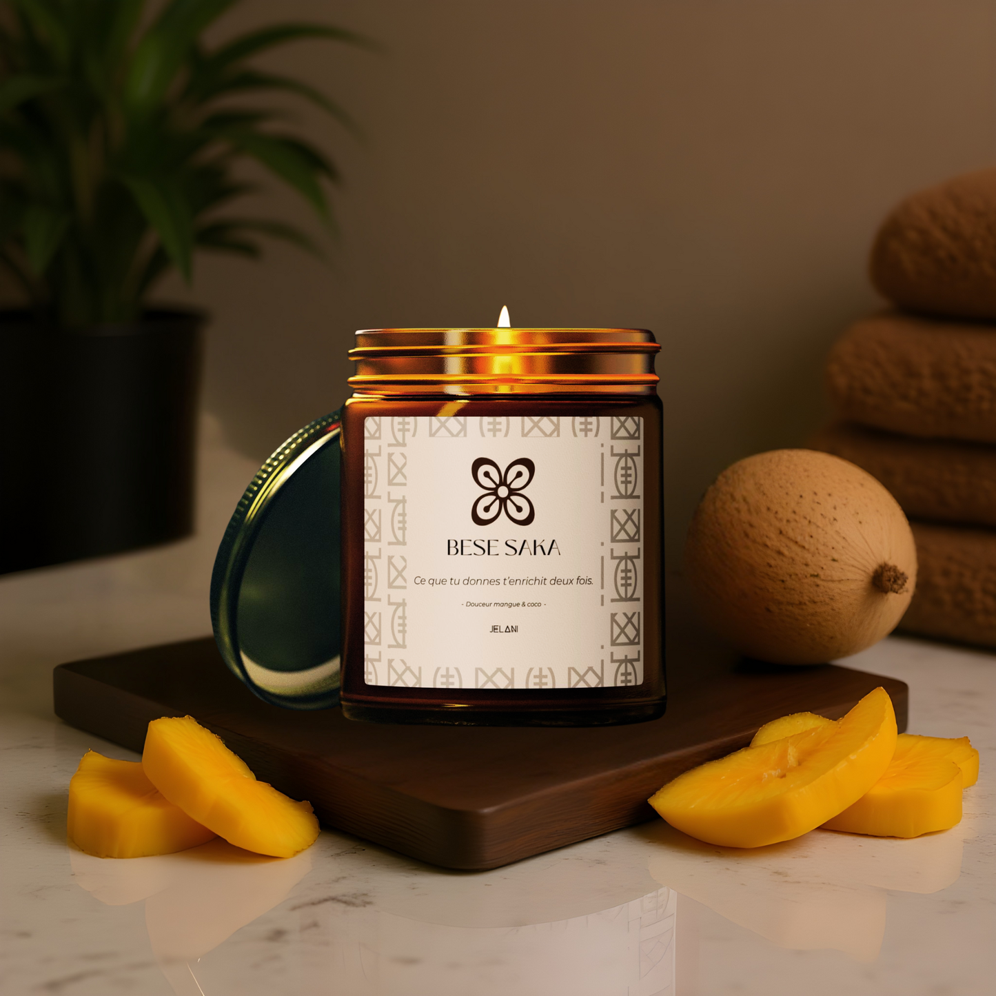 Bougie Mangue Coco artisanale | Bougie symbole Bese Saka |  Abondance & Prospérité